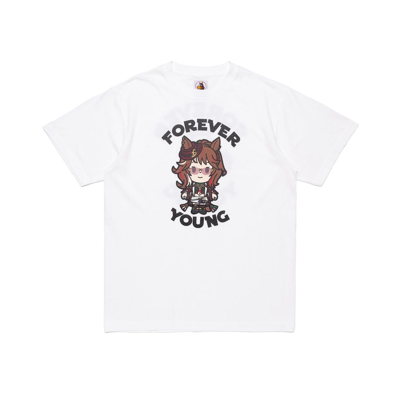 フォーエバーヤングのキャラクターが前面にプリントされたホワイトのTシャツ