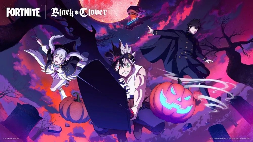 フォートナイトとブラッククローバーのコラボビジュアル。アスタ、ノエル、ユノがハロウィンのかぼちゃとともに描かれている