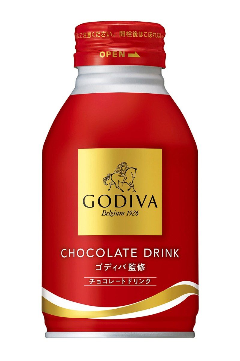 ゴディバ監修 チョコレートドリンク ホット専用の赤いボトル缶 全体像