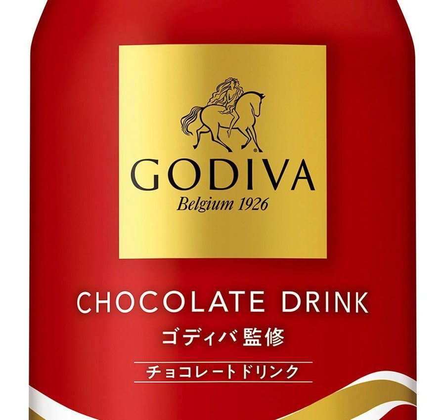ゴディバ監修 チョコレートドリンクのラベル拡大 金色のロゴと赤いボトル缶