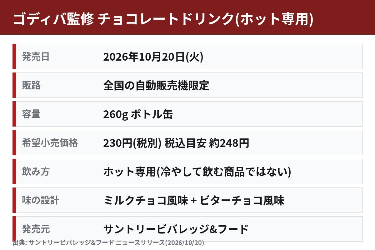 ゴディバ監修 チョコレートドリンクの発売日・容量・価格をまとめた表