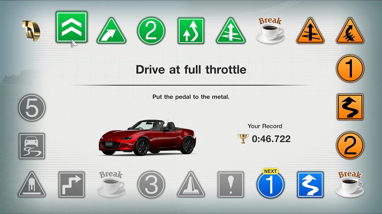 GT7のエクスペリエンス風の課題画面(アクセル全開で走るミッション)