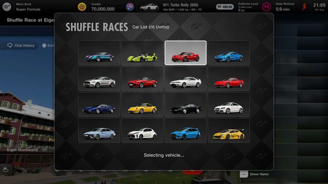 GT7のシャッフルレースで車を選ぶ画面