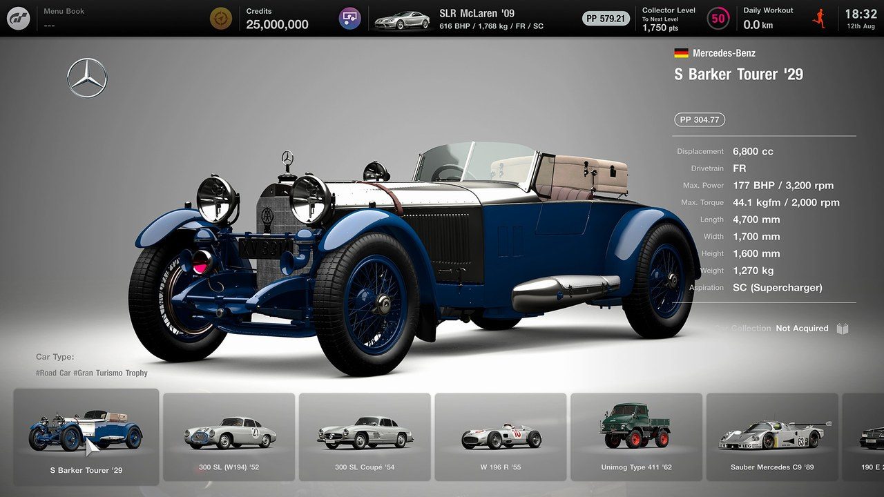 GT7のガレージで愛車を表示した画面(メルセデス・ベンツ S Barker Tourer 1929)