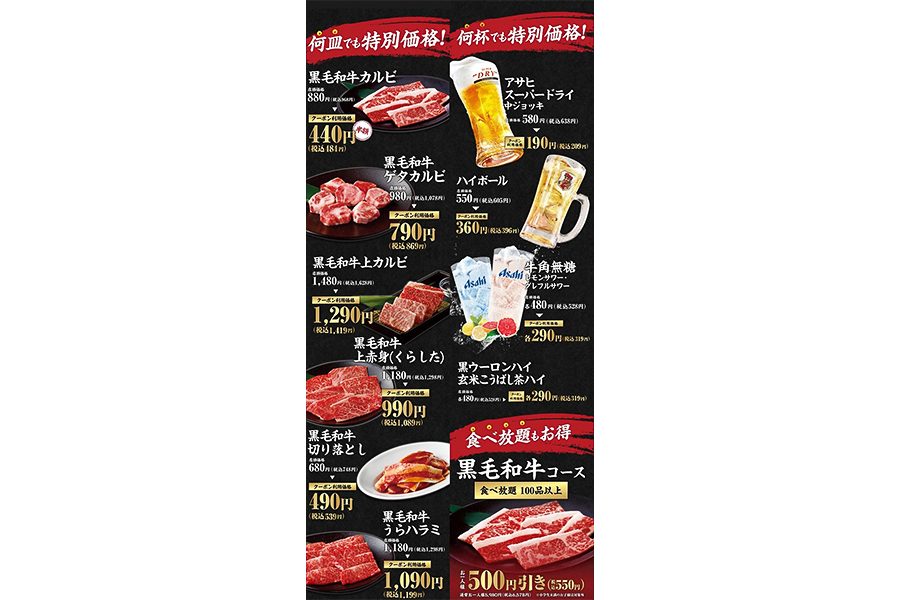 牛角 黒毛和牛フェアの対象メニューと特別価格の一覧