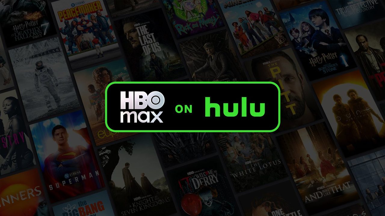 HBO Max on Huluのロゴ画像 ハリー・ポッターなどの作品が並ぶ