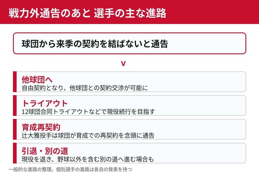 戦力外通告を受けた選手の主な進路を示した図。他球団、トライアウト、育成再契約、引退など