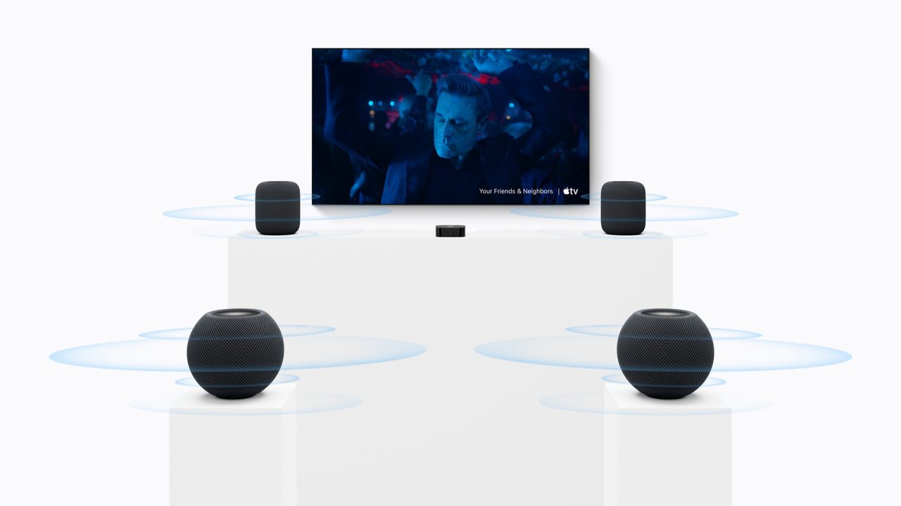 Apple TV 4Kと4台のHomePodで組むサラウンド構成のイメージ