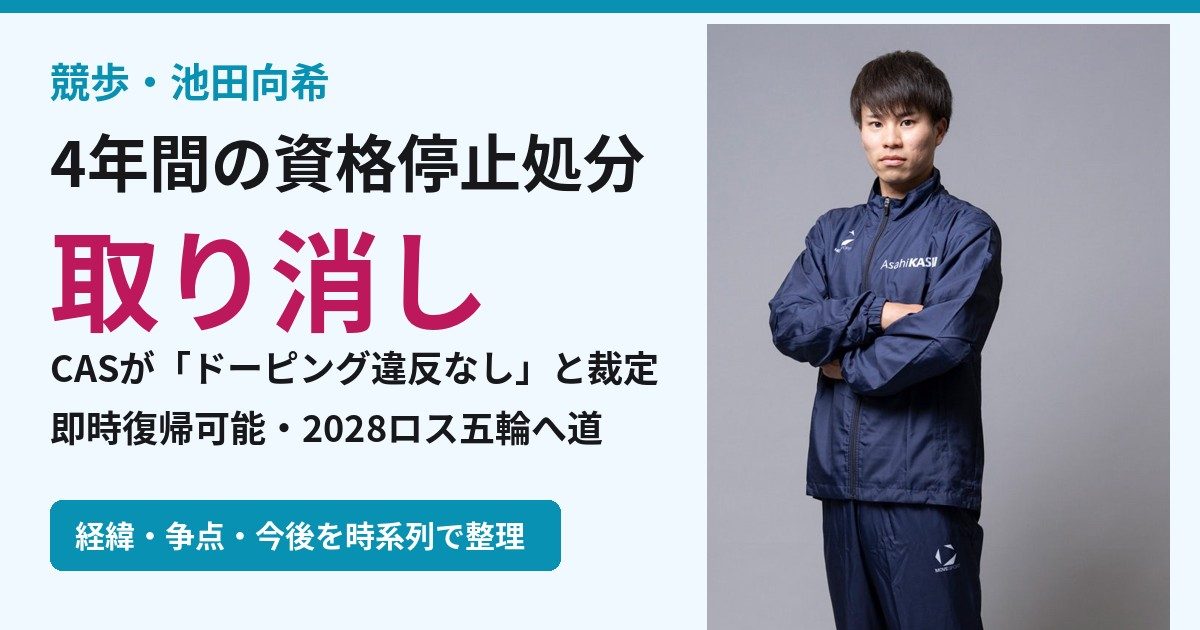 池田向希選手の4年間の資格停止処分が取り消しとなり、CASがドーピング違反なしと裁定したことを示す図