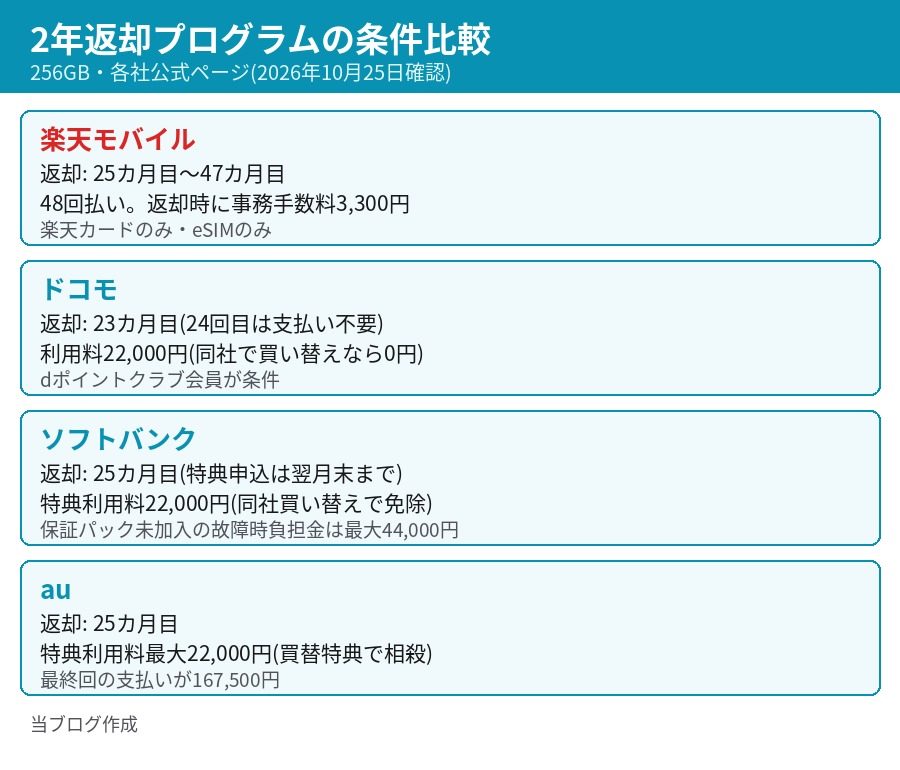 iPhone Duoの2年返却プログラムの条件比較 返却時期と手数料と主な条件