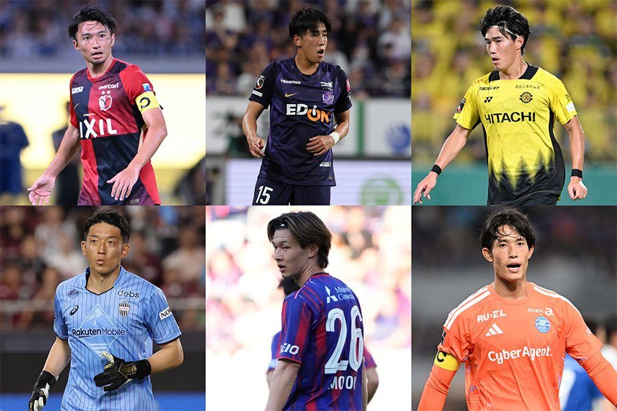 J1上位クラブの選手たちを並べたコラージュ。鹿島、広島、柏、神戸、FC東京、清水の選手