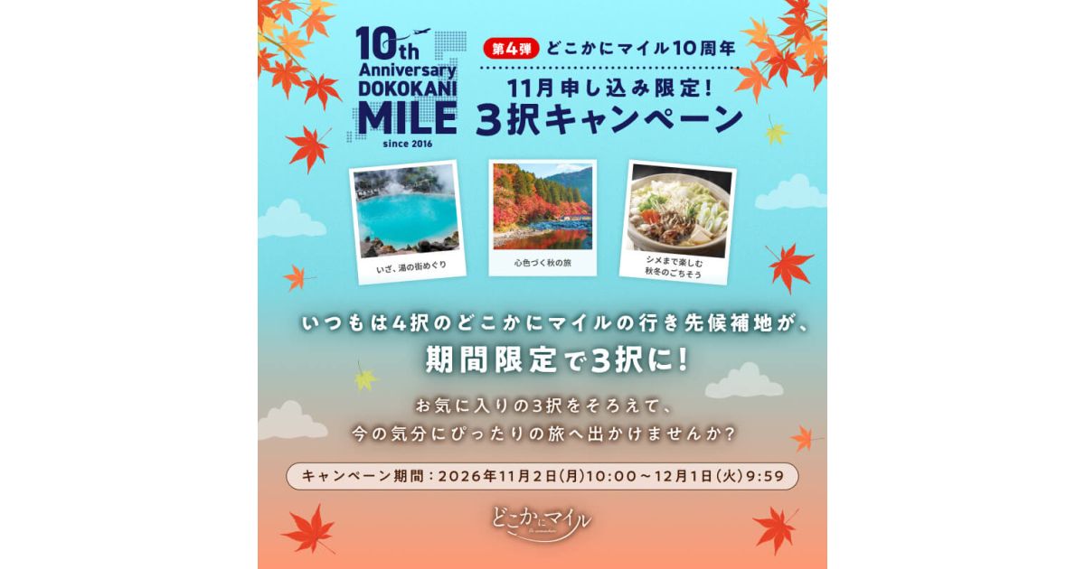 どこかにマイル3択キャンペーンの期間と候補数を伝える告知画像