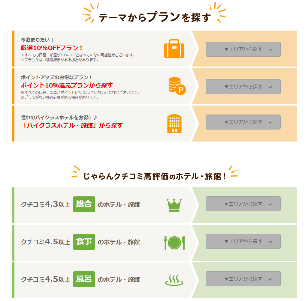 じゃらんのお得な10日間 テーマからプランを探す 厳選10%OFFプランとポイント10%還元プラン