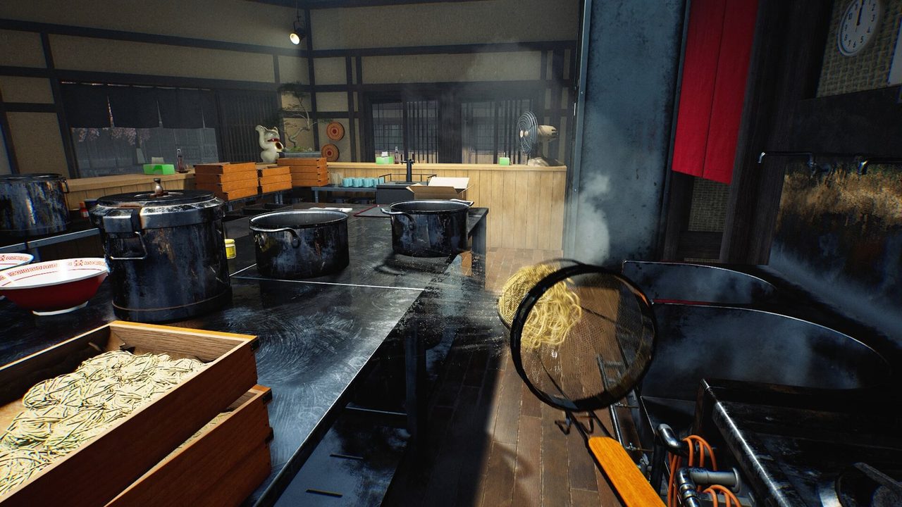 Japanese Ramen Simulator 厨房で麺を茹でる作業のゲーム画面