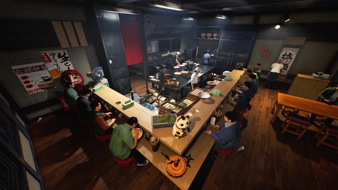 Japanese Ramen Simulator 客席とカウンターに客が並ぶ店内を見下ろしたゲーム画面