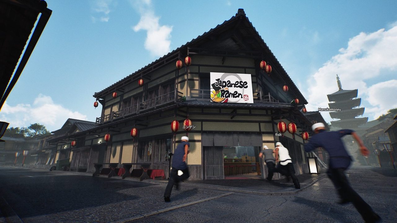 Japanese Ramen Simulator 提灯が並ぶ日本風の街並みにあるラーメン店の外観