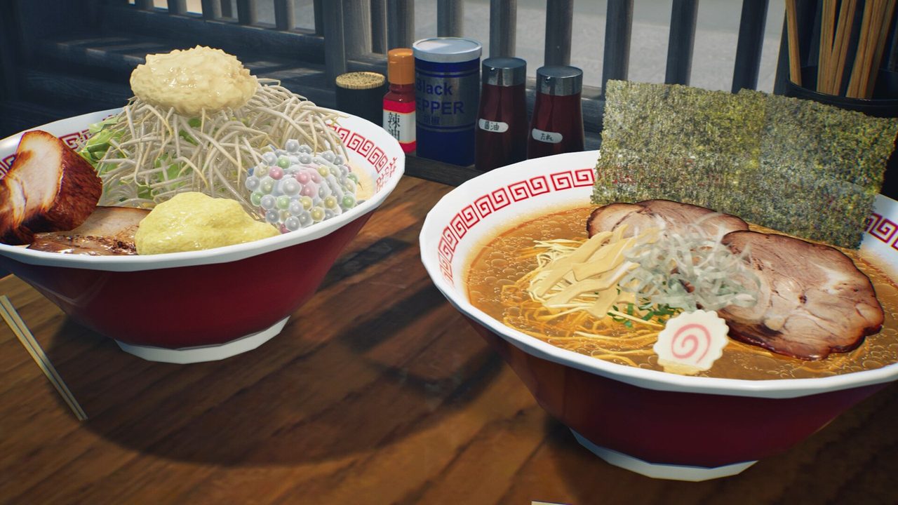Japanese Ramen Simulator 赤い丼に盛られた2種類のラーメンのゲーム画面