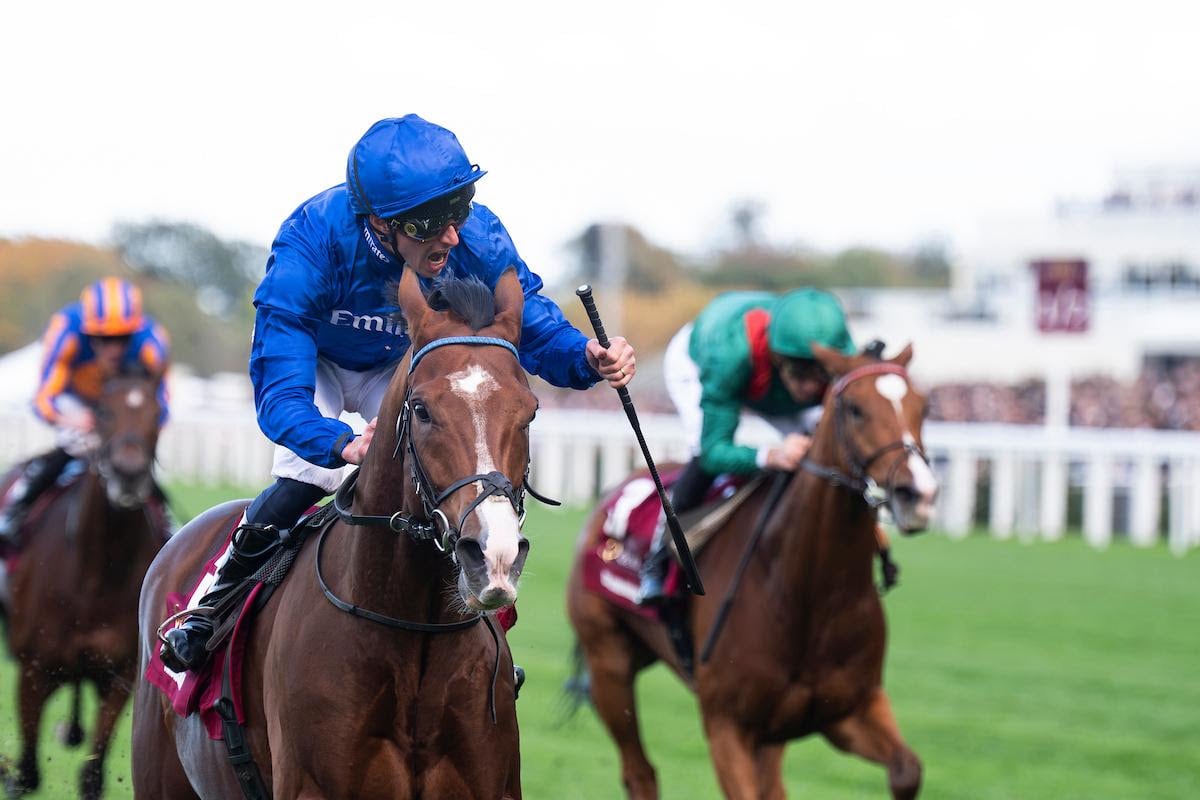 英チャンピオンSで先頭に立つ競走馬と騎手