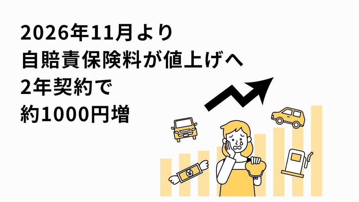 2026年11月より自賠責保険料が値上げ、2年契約で約1000円増を示す解説図