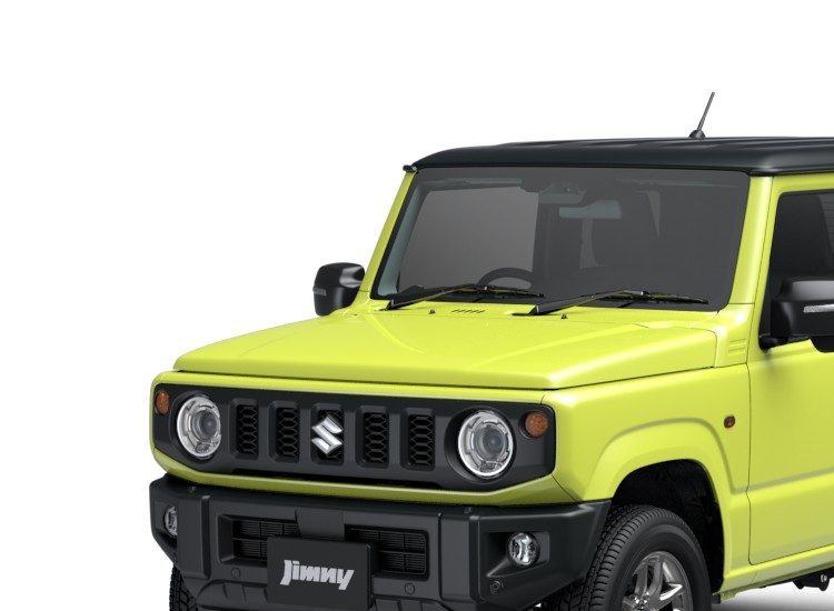 スズキ ジムニー現行型XCのキネティックイエロー、丸型ヘッドライトと5スロットグリルのフロント