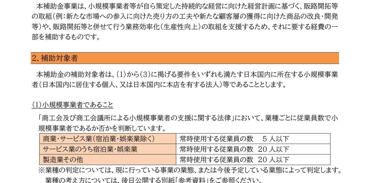 持続化補助金 第20回の補助対象者。商業・サービス業5人以下、宿泊娯楽業と製造業その他は20人以下と記載
