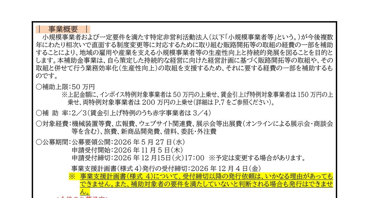 持続化補助金 第20回公募要領の事業概要ページ。補助上限50万円、補助率3分の2、受付11月5日から12月15日と記載