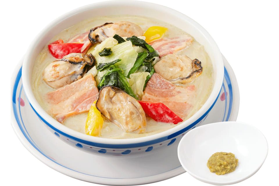 ジョリーパスタ 牡蠣と彩り野菜のクリームスープパスタ 別添えの柚子胡椒つき