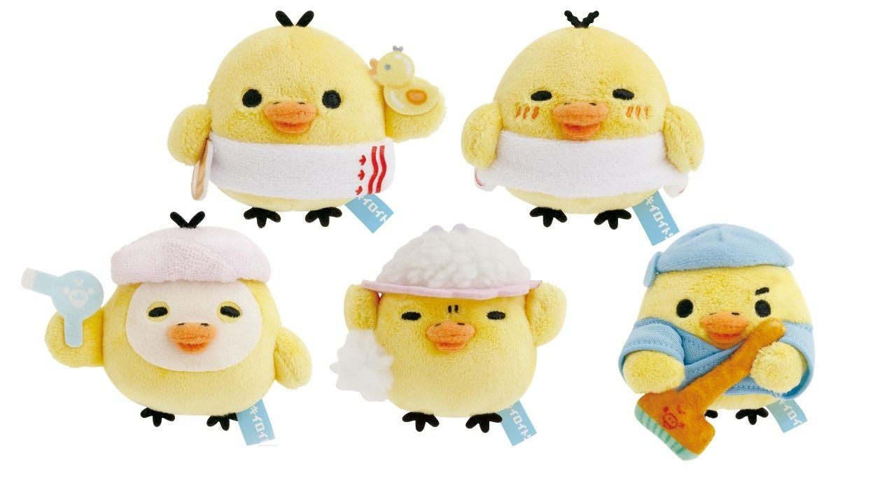 キイロイトリ銭湯 てのりぬいぐるみ5種 タオルや桶を持ったキイロイトリ