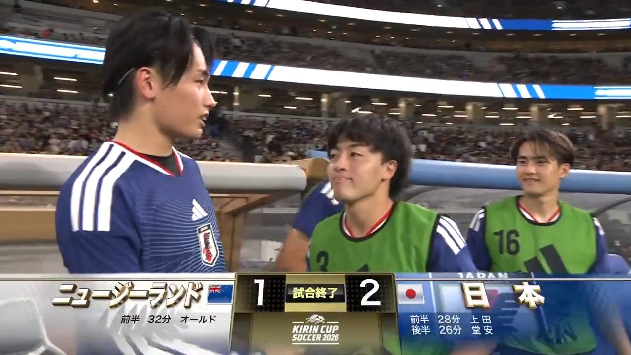 キリンカップ決勝 日本2-1ニュージーランド 試合終了時のスコア表示と得点者