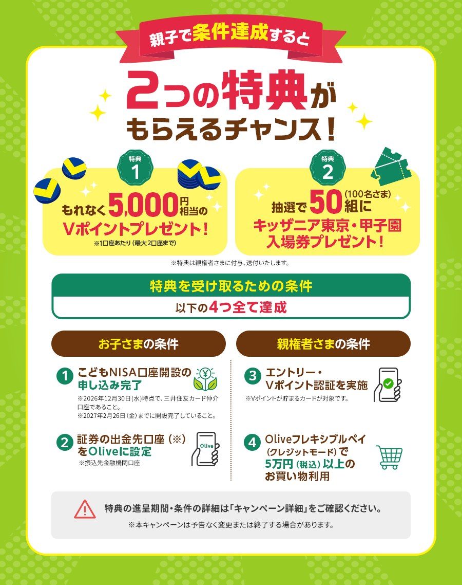 こどもNISA×親子でOlive 2つの特典と、お子さま・親権者さまの4つの条件の一覧