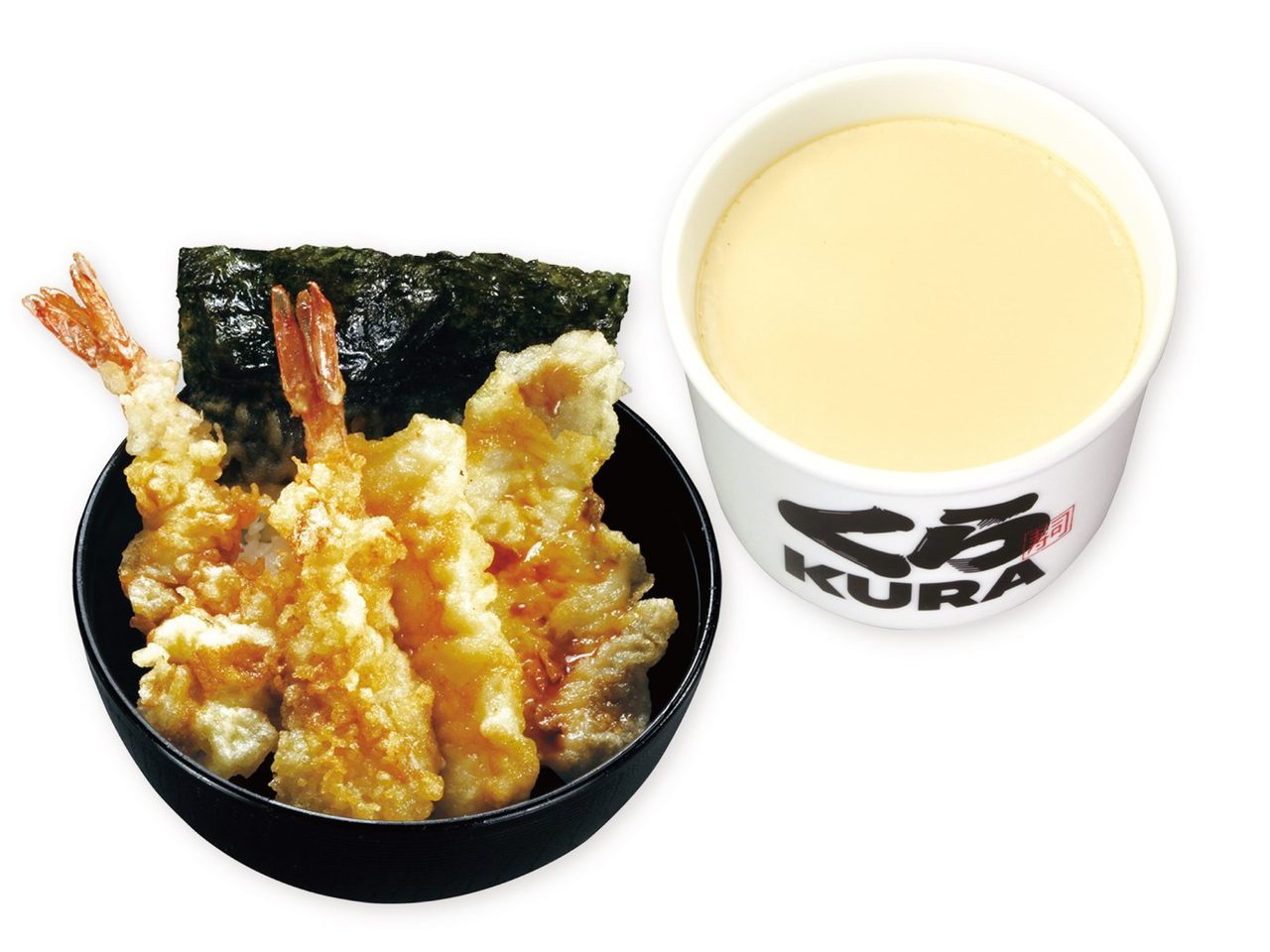 ランチ天丼セットに特製茶碗蒸しを組み合わせた場合の写真、くら寿司の特製茶碗蒸し付き
