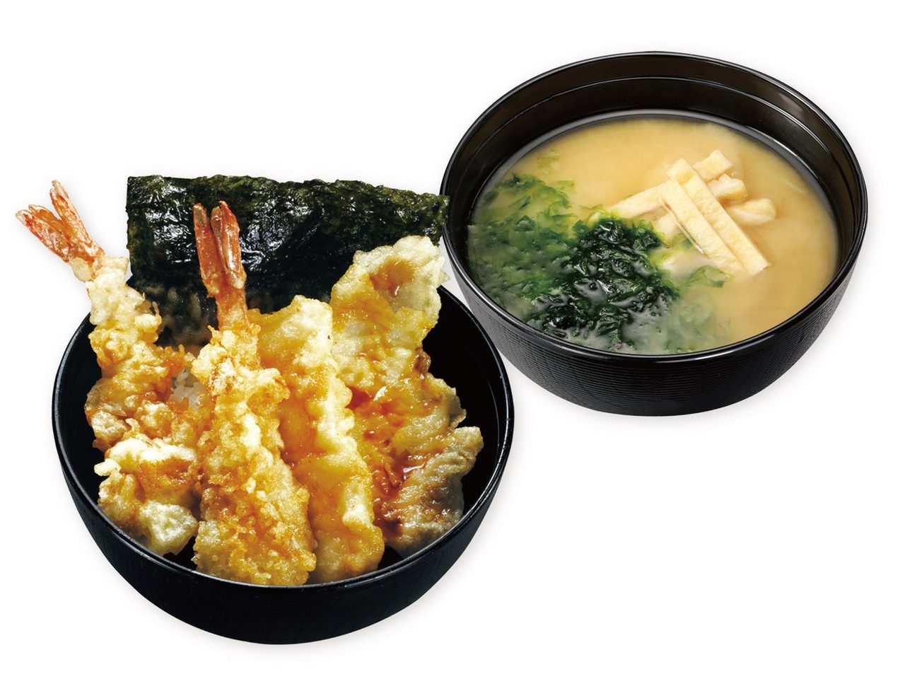 くら寿司のランチ天丼セット、エビ天2尾にイカ天や白身魚天、海苔天をのせた天丼とあおさ入り味噌汁