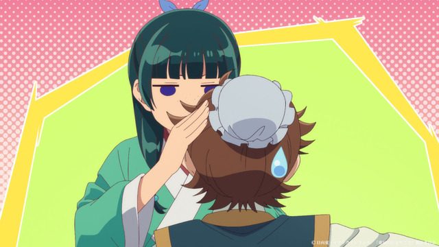 薬屋のひとりごと3期 第49話 猫猫が趙迂の顔に手を当てるコミカルな場面