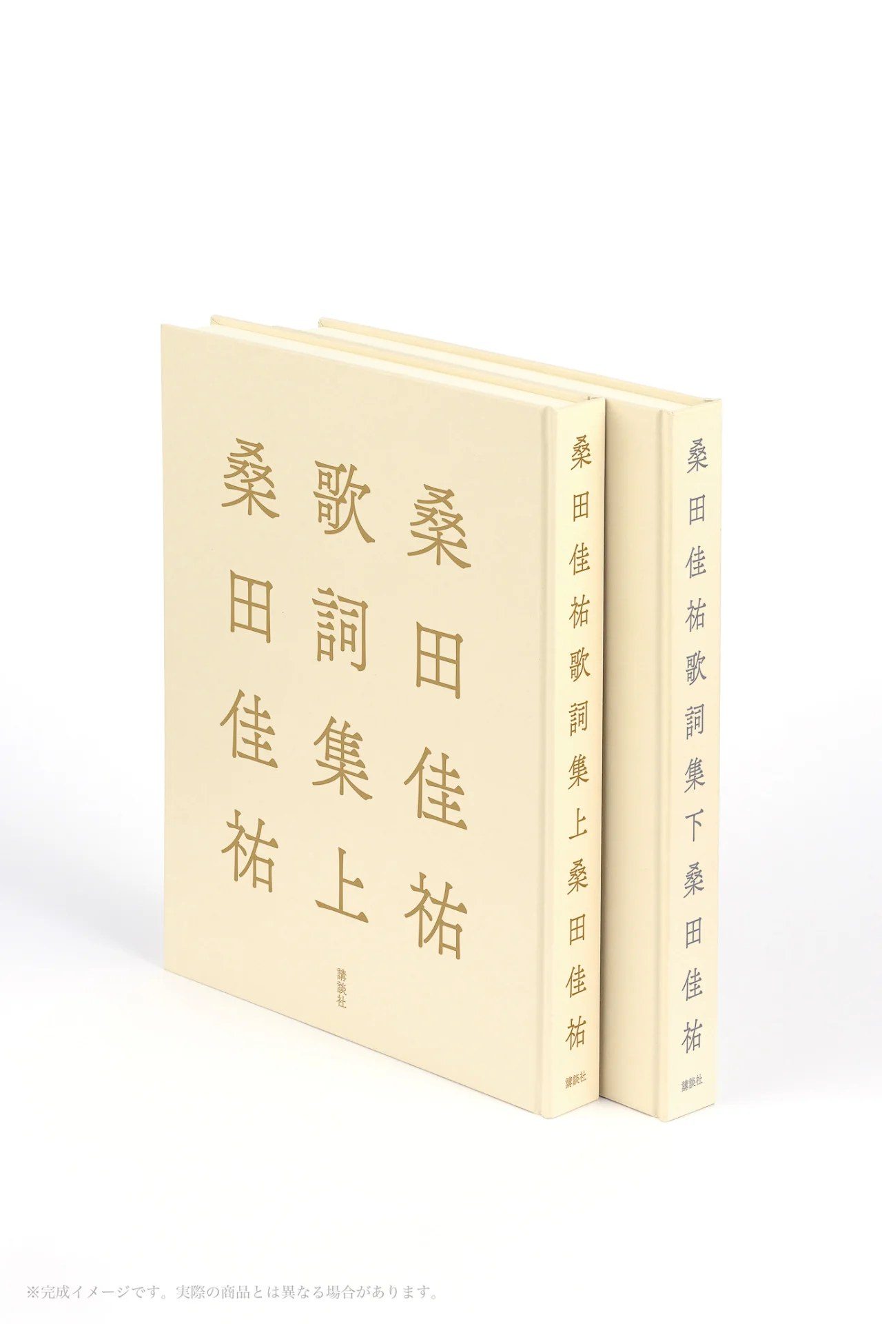 桑田佳祐歌詞集の背表紙が見える角度の写真。上下巻の厚みが分かる
