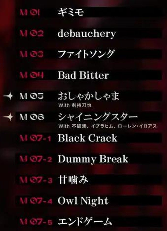 セットリスト画像 左列 M01からM07-5