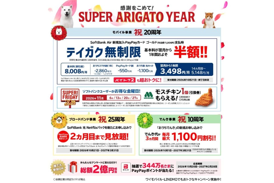 SUPER ARIGATO YEAR 周年キャンペーン一覧表 抽選会 おうちスマホ割 Netflix割 おうちでんき
