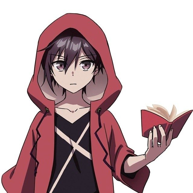 千野フシギのキャラクタービジュアル。赤いフードと赤い手帳