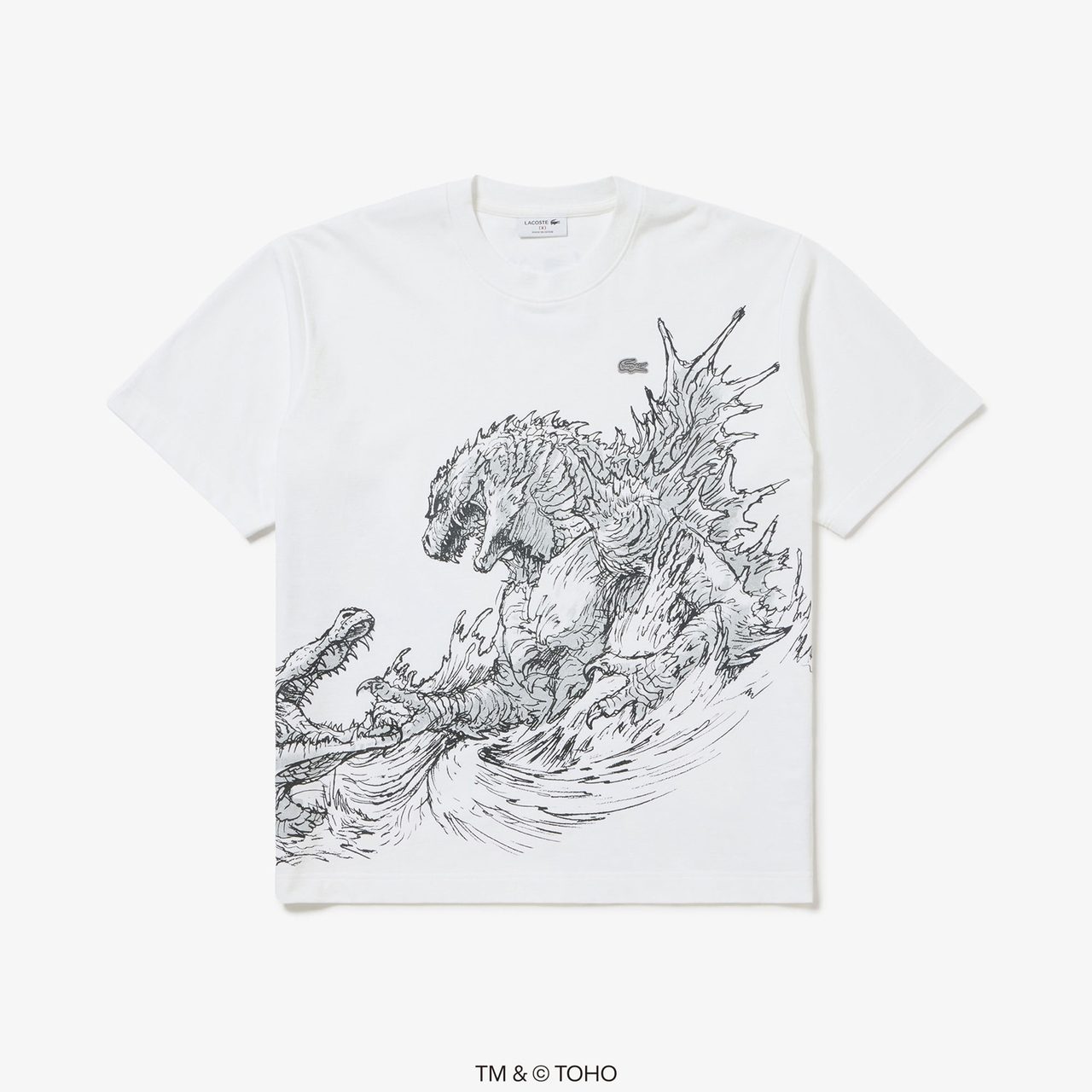 ラコステ×ゴジラ-0.0 白Tシャツ ゴジラとワニの大判グラフィック