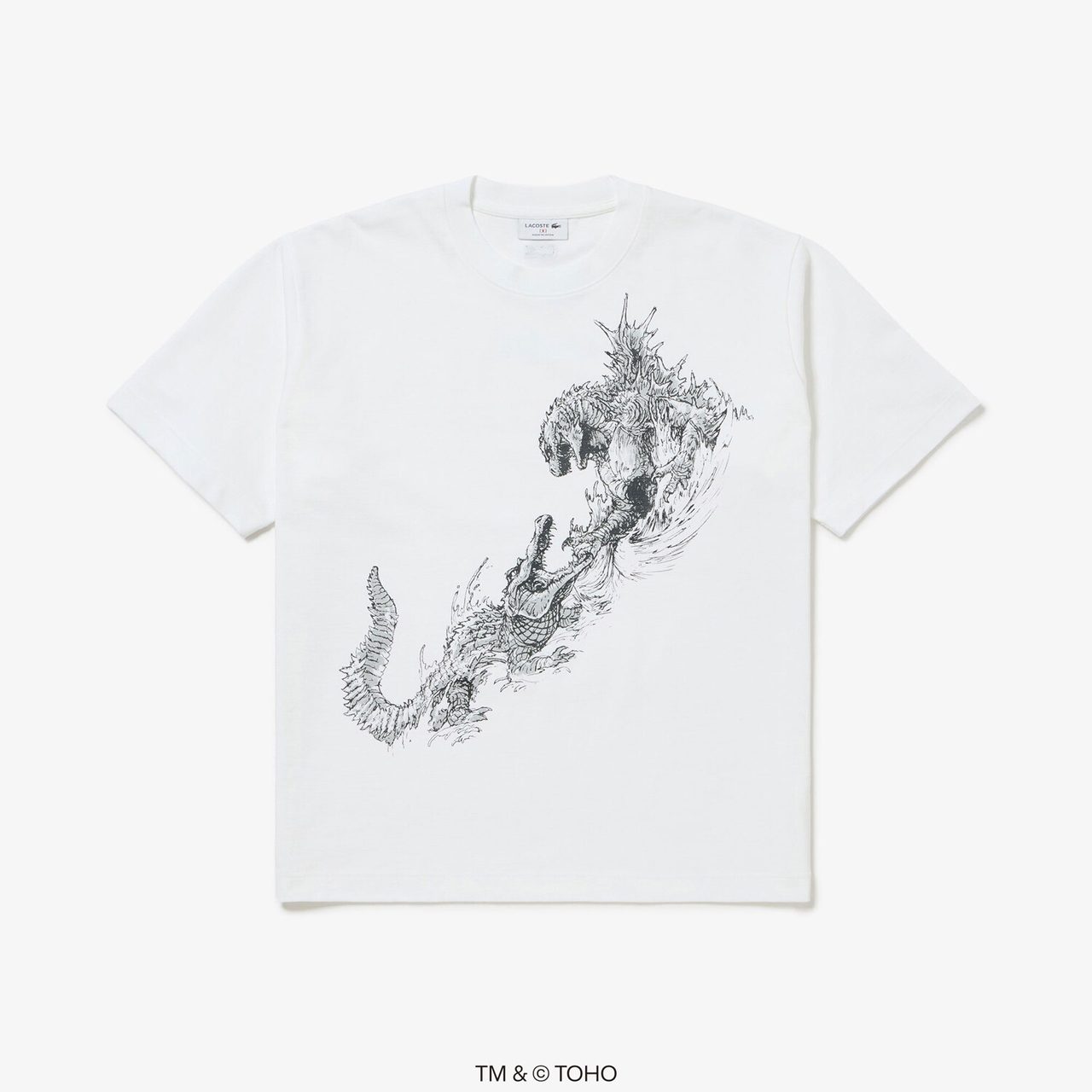 ラコステ×ゴジラ-0.0 白Tシャツ 斜めに配置したゴジラとワニ
