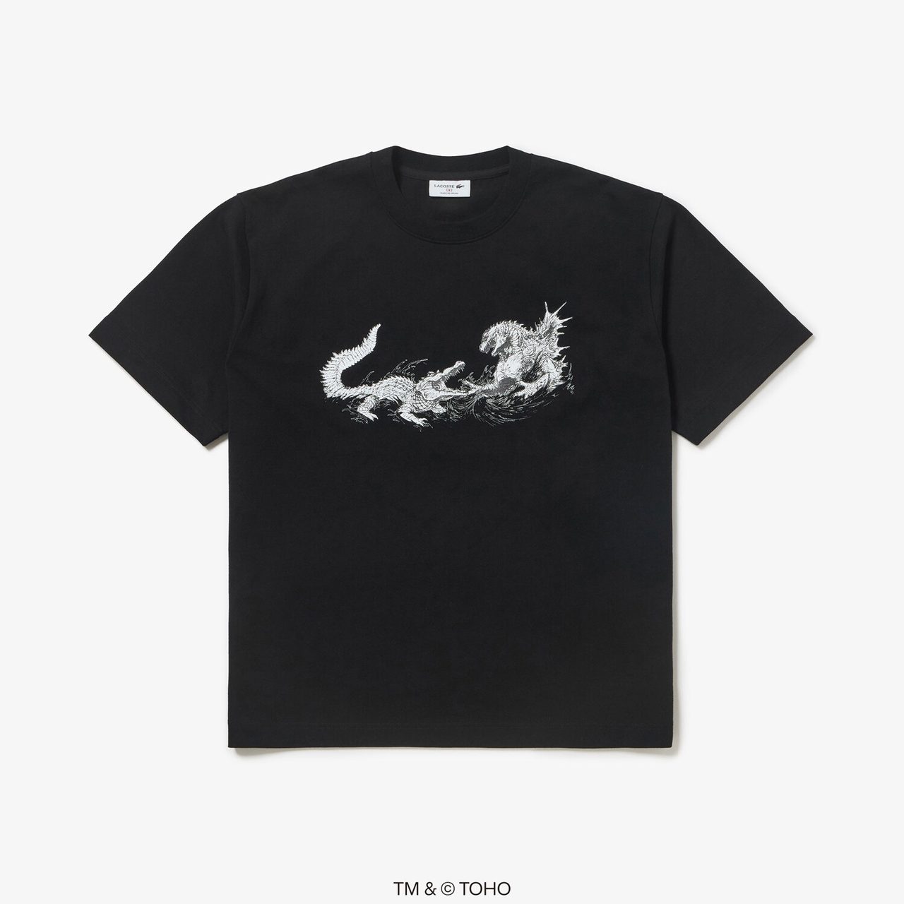ラコステ×ゴジラ-0.0 黒Tシャツ 横並びのワニとゴジラ