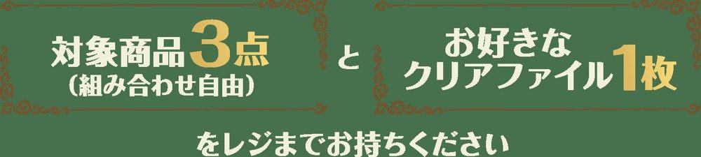 クリアファイルの受け取り方法。対象商品3点とお好きなクリアファイル1枚をレジまで持っていく
