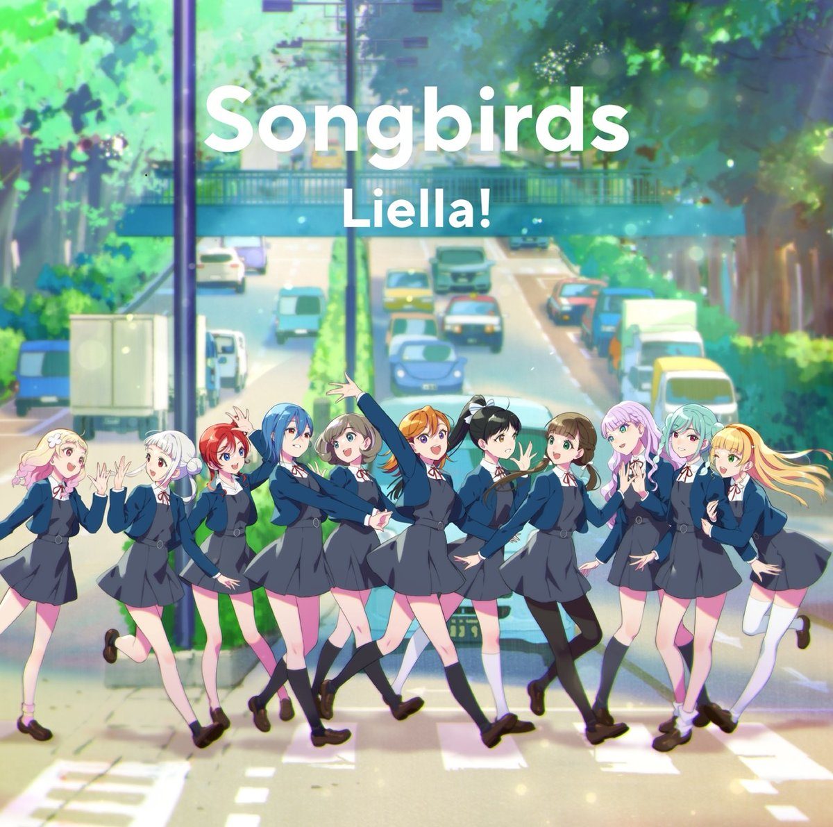Liella! テーマソングミニアルバム「Songbirds」のジャケット写真 11人が横断歩道を歩く描き下ろしイラスト