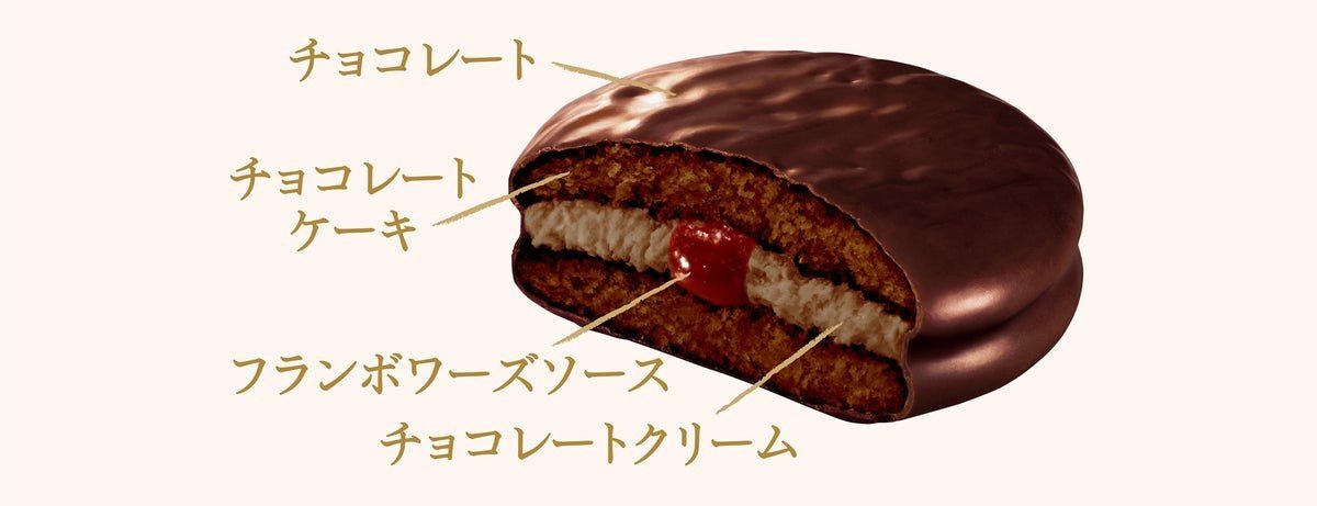 ことりっぷ チョコパイ ザッハトルテ味の断面図 チョコレートケーキ チョコレートクリーム フランボワーズソース