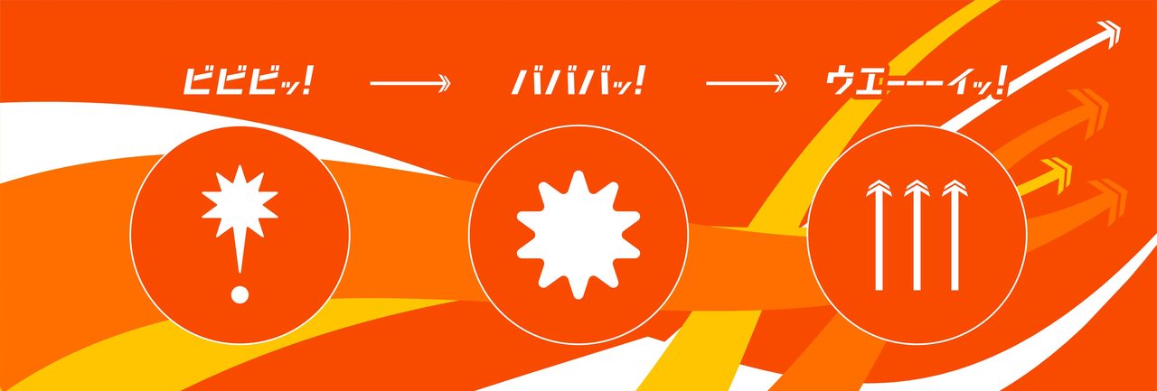 ビビビッ、バババッ、ウェーーーイッの3段階を示すLUCUA SOUTHの演出デザイン