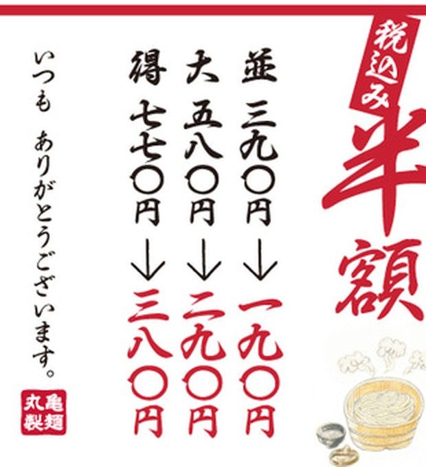 丸亀製麺 釜揚げうどんの日 半額 並190円 大290円 得380円の価格表