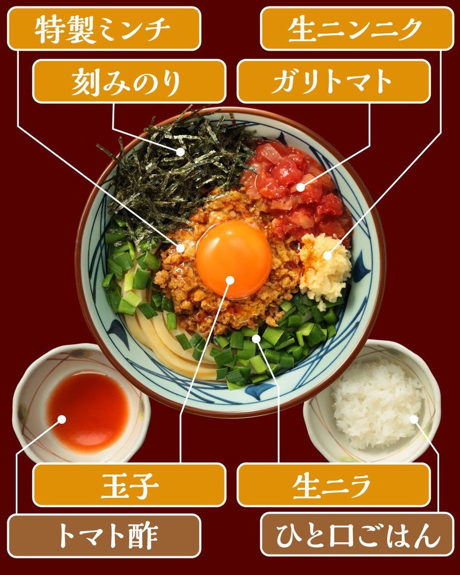 肉辛まぜうどん の具材 特製ミンチ 生ニンニク 生ニラ ガリトマト 刻みのり 玉子 トマト酢 ひと口ごはん