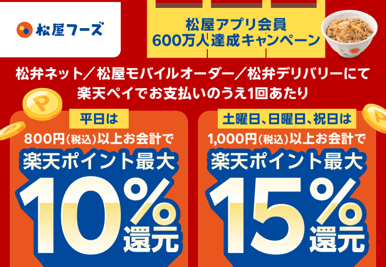 松屋フーズ×楽天ペイ 最大15%還元キャンペーン