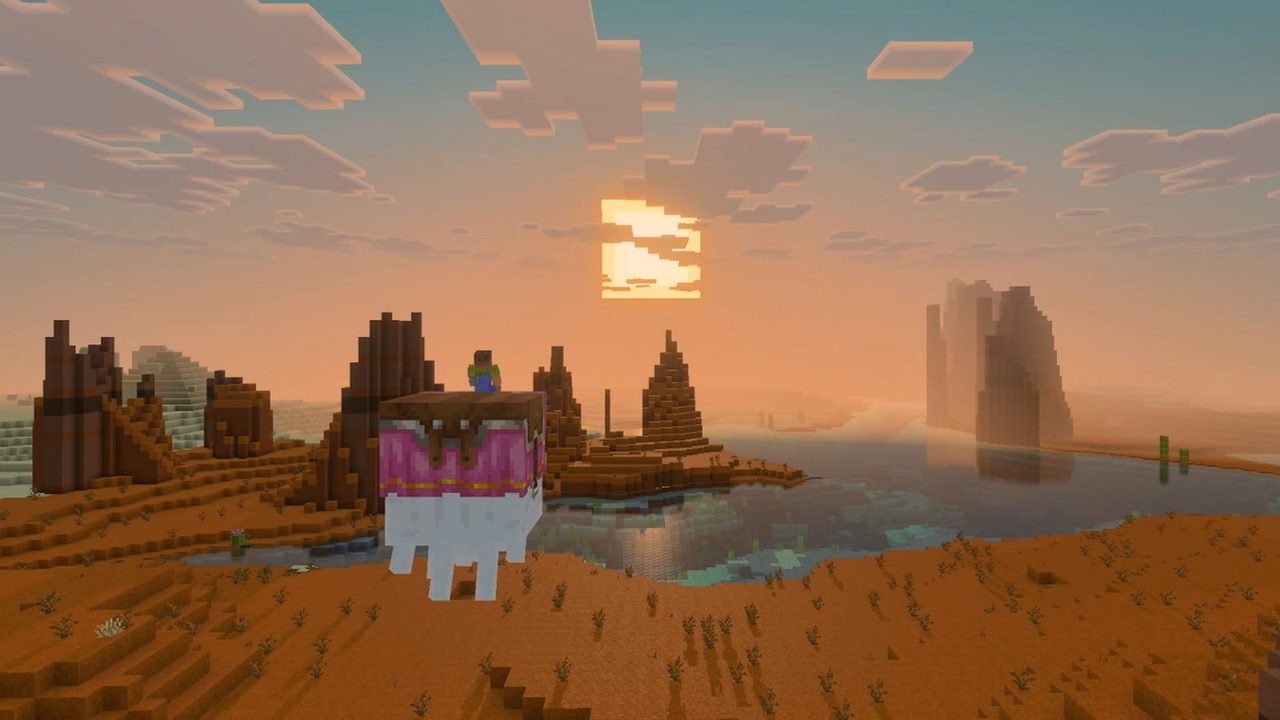 Switch 2版マインクラフトのバイブラントビジュアルズで描かれた砂漠の夕景