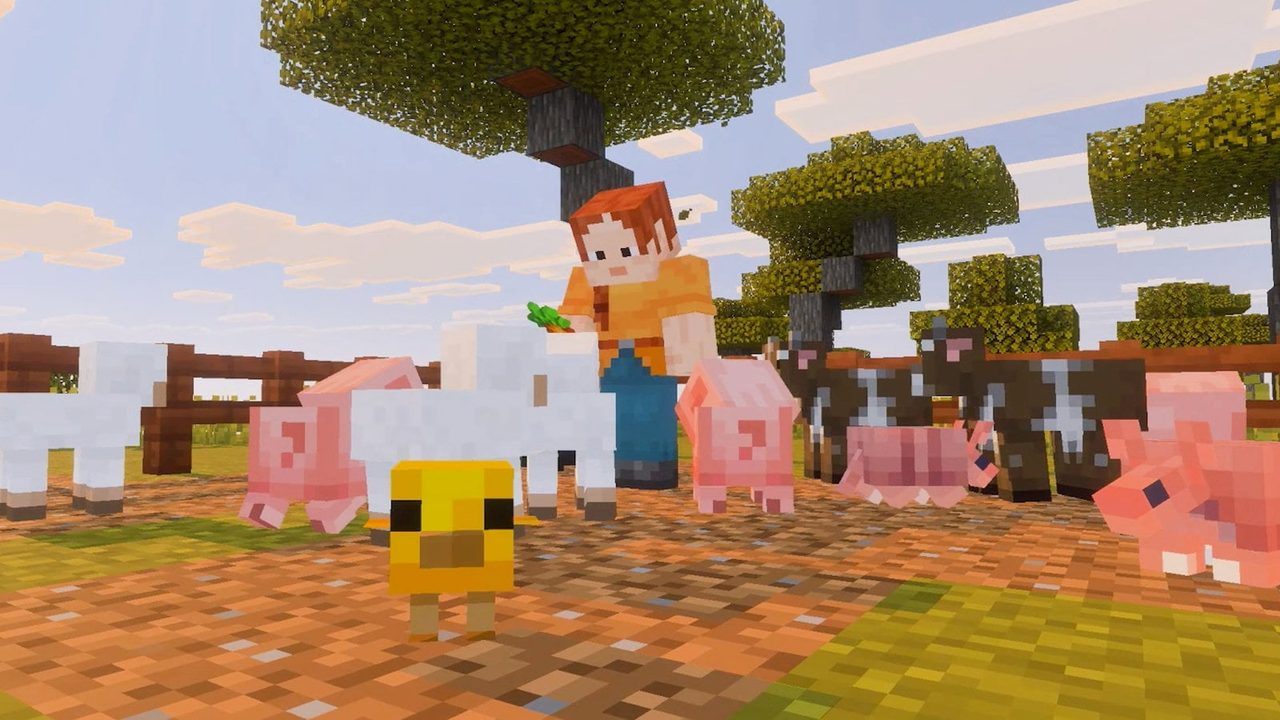 バイブラントビジュアルズ対応のマインクラフトで牧場の動物たちと過ごす場面