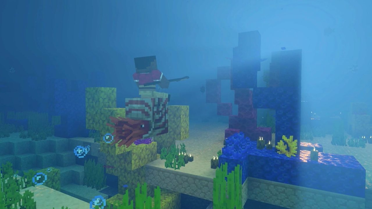 バイブラントビジュアルズで光が差し込む海中のマインクラフトの画面